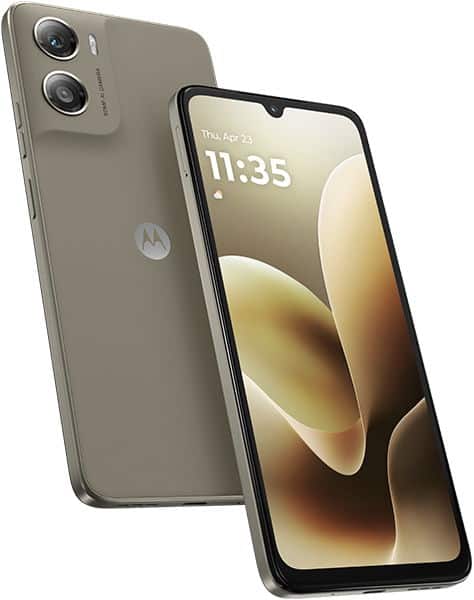 Motorola Moto G06 shown front and rear; front displays time/date, rear has two cameras, logo. Matte light brown finish.