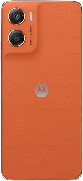 Rear view of orange Motorola Moto G06 showing two large cameras top left and centered Motorola logo.