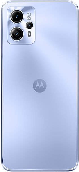 Motorola Moto G13 rear view showing dual camera setup and light blue finish with Motorola logo