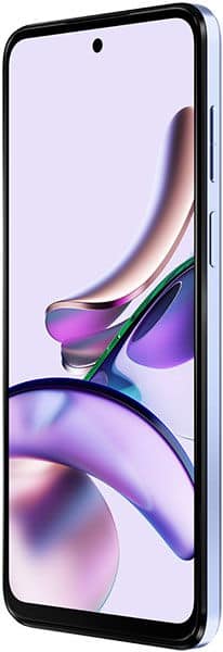 Motorola Moto G13 front view displaying an abstract colorful wallpaper with purple and gradient swirls on the screen