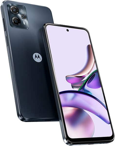 Motorola Moto G13 shown front and rear views, featuring dual rear cameras and a 6.5-inch display with colorful abstract wallpaper