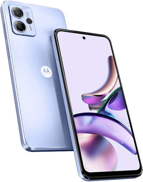 Motorola Moto G13 in light blue, shown from rear and front angles with dual rear cameras and colorful display wallpaper