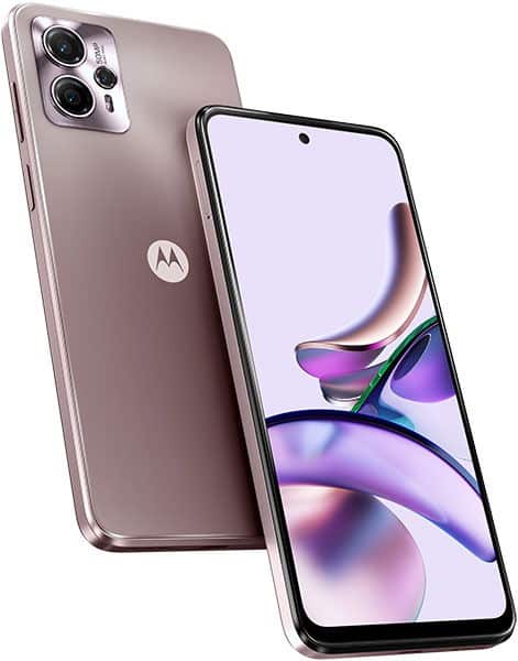 Motorola Moto G13 rear and front views showing dual camera setup and purple-gradient display wallpaper in mauve finish