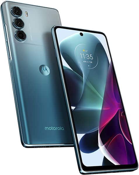 Motorola Moto G200 5G, rear and front views, showing triple camera setup and display with time 11:35 on screen