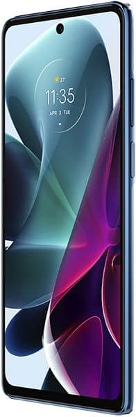 Motorola Moto G200 5G front view with colorful abstract display wallpaper showing time 11:35