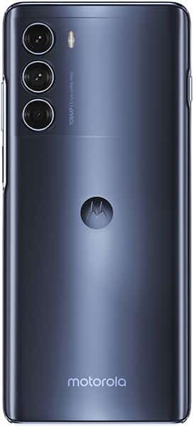 Motorola Moto G200 5G rear view, showing dark blue finish with triple camera array and Motorola logo