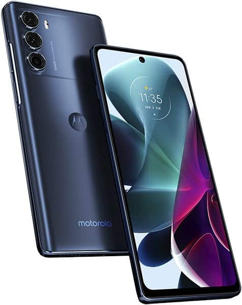 Motorola Moto G200 5G, rear and front views, dark blue finish with triple camera setup and illuminated display showing time 11:35