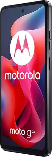 Front view of black Motorola Moto G24 showing screen with Motorola logo and red, pink, and purple abstract background.