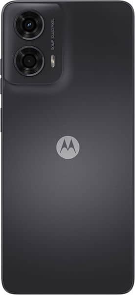 Rear view of black Motorola Moto G24 showing dual cameras and flash in upper left, Motorola logo centered on back panel.