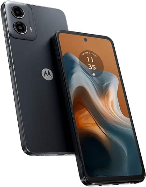 Motorola Moto G34 in charcoal gray, shown from rear and front angles displaying dual camera setup and orange-toned wallpaper on screen