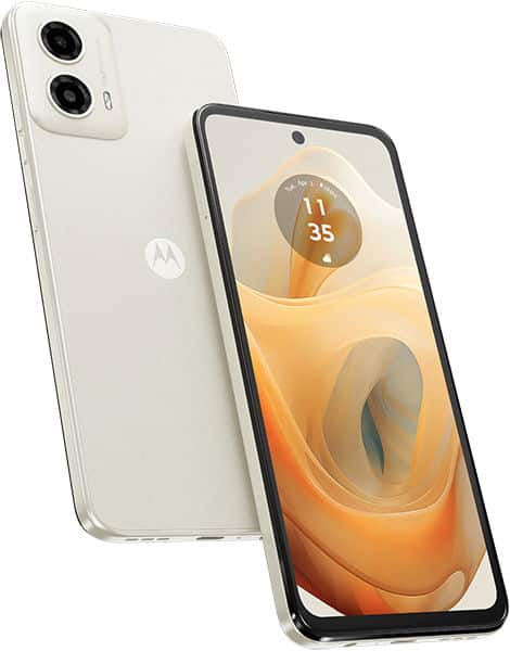 Motorola Moto G34 in white, shown from rear and front angles, displaying dual cameras and orange-gradient wallpaper on screen