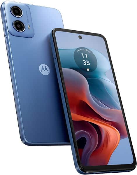 Motorola Moto G34 in blue, shown from rear and front angles with dual camera and colorful abstract display