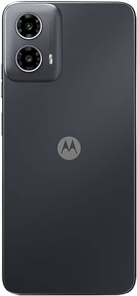 Motorola Moto G34 rear view, showing dual camera setup and Motorola logo on dark gray back panel