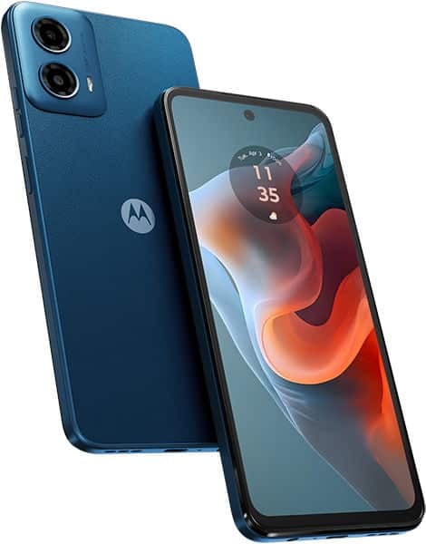 Motorola Moto G34 in blue, shown from rear and front angles displaying dual camera and colorful wallpaper on screen