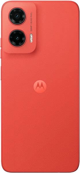 Motorola Moto G35 rear view, coral red, showing dual camera setup and Motorola logo