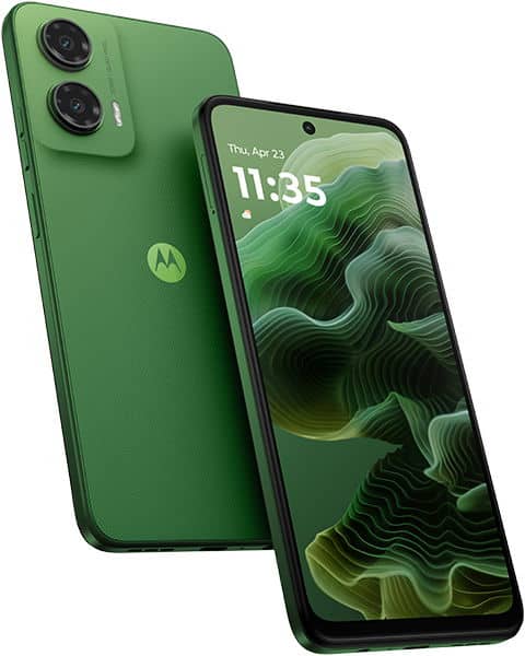 Motorola Moto G35 in green, shown from front and rear angles, displaying time 11:35 on screen with dual rear cameras