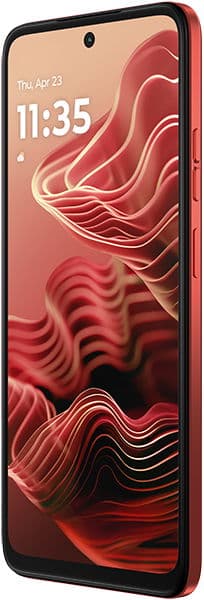 Motorola Moto G35 front view with red case, displaying home screen with time 11:35 and abstract red wave wallpaper
