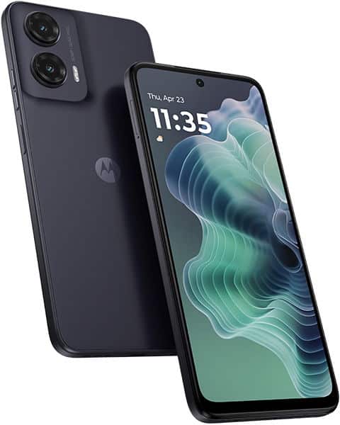 Motorola Moto G35 smartphone, front and rear view, showing dual rear cameras and display with time 11:35 and abstract green wallpaper