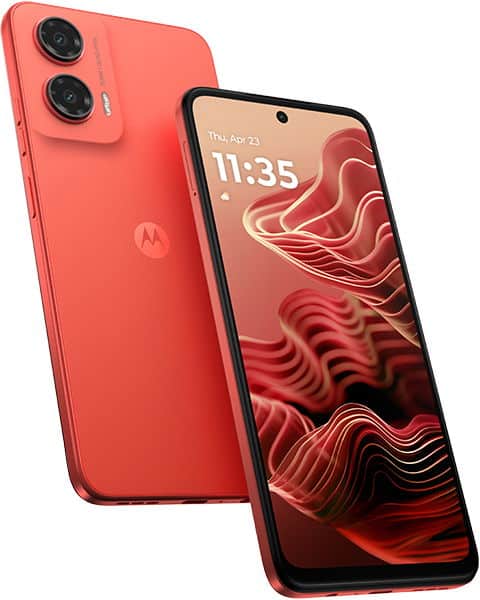 Motorola Moto G35 in red, shown front and rear views with dual rear cameras and abstract red wallpaper on screen