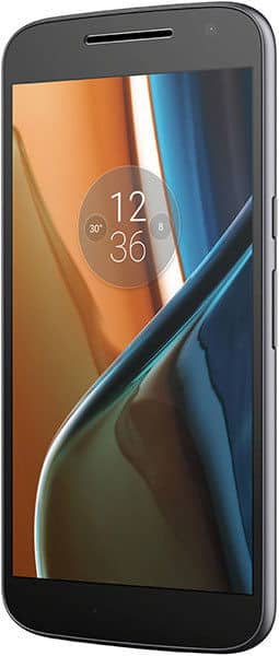 Motorola Moto G4 front view, displaying home screen with time 12:36 and colorful abstract wallpaper with orange, blue, and green tones