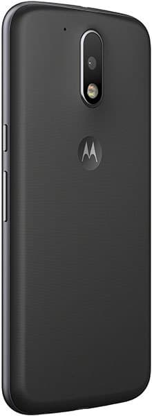 Motorola Moto G4 rear view, black smartphone showing camera lens and Motorola logo