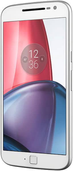 Front view of white Moto G4 Plus showing large display, 12:36 clock widget, front camera, speaker, and home button.