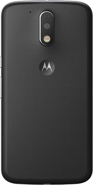 Rear view of black Motorola Moto G4 Plus showing single rear camera with flash above and Motorola logo below the camera module.