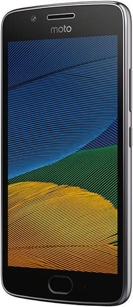Motorola Moto G5 front view, displaying colorful abstract wave pattern on screen with blue, green, and gold tones