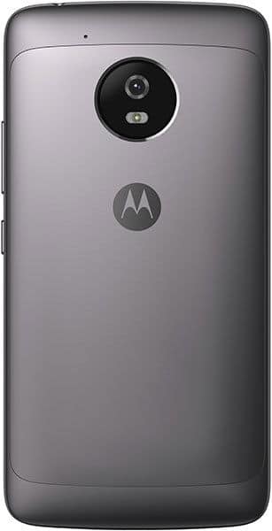 Motorola Moto G5 rear view, showing gray metal back with circular camera lens and Motorola logo