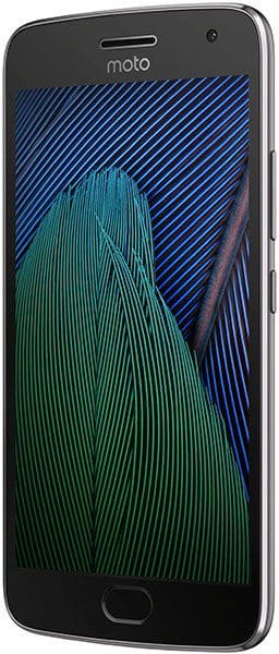 Motorola Moto G5 Plus front view with black screen displaying blue and green striped wallpaper pattern
