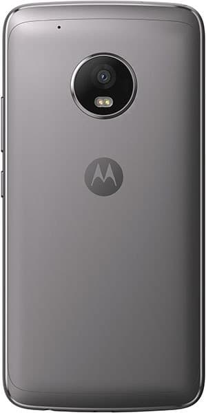 Motorola Moto G5 Plus rear view, showing gray back panel with Motorola logo and circular camera lens with LED flash