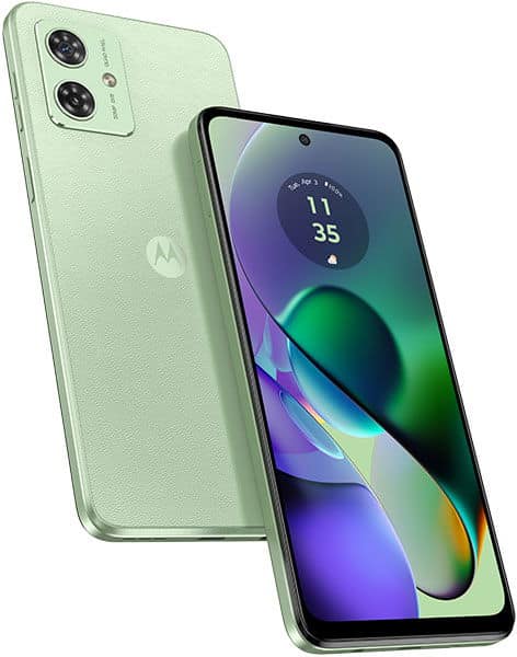 Motorola Moto G54 in green, shown from front and rear angles with dual rear cameras and colorful abstract display wallpaper