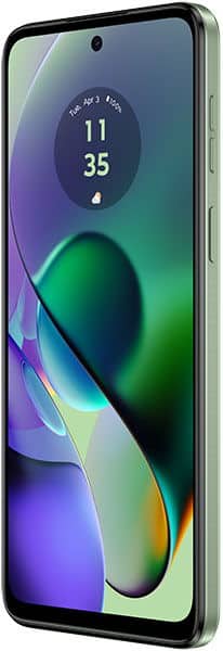 Motorola Moto G54 front view, showing display with time 11:35 and colorful abstract wallpaper with green and purple gradients