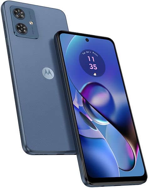 Motorola Moto G54 shown from rear and front angles, displaying dual camera setup and blue display screen