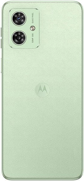 Motorola Moto G54 rear view, mint green, showing dual camera module and Motorola logo