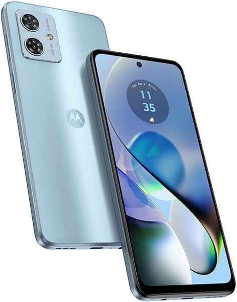 Motorola Moto G54 in light blue, shown from rear and front angles displaying dual rear cameras and colorful abstract screen display