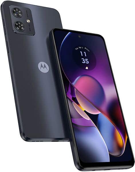 Motorola Moto G54 front and rear view, charcoal finish, dual rear camera, display showing colorful abstract wallpaper