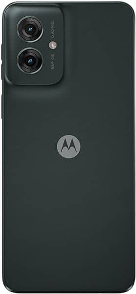 Motorola Moto G55 rear view, showing dual camera setup and Motorola logo on charcoal back panel