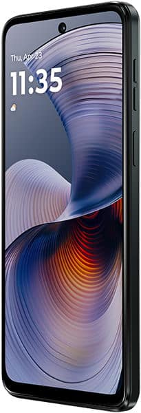 Motorola Moto G55 front view with display showing time 11:35, blue and orange circular pattern wallpaper, and camera notch visible