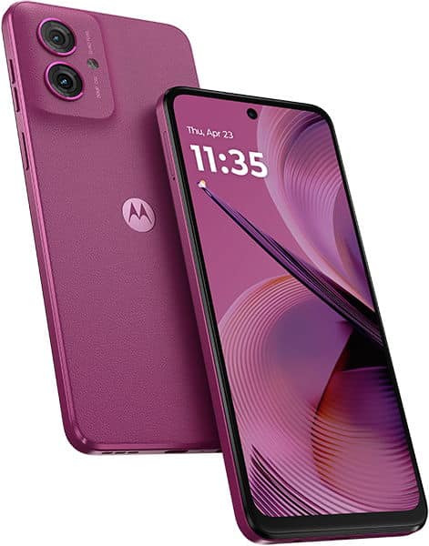 Motorola Moto G55 in purple, shown from rear and front angles with dual cameras and display showing time 11:35