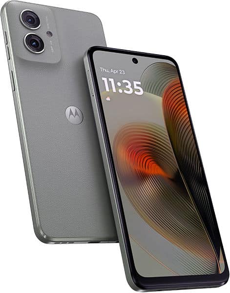 Motorola Moto G55 shown from rear and front angles, gray finish with dual camera setup and Motorola logo visible on back, display screen-on showing time and colorful wallpaper