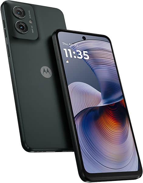 Motorola Moto G55 smartphone shown front and rear views, displaying dual rear cameras and screen with blue and orange circular patterns at 11:35