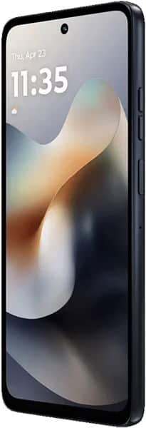 Motorola Moto G56 front view, displaying time 11:35 on screen with abstract colorful wallpaper, black frame and bezel