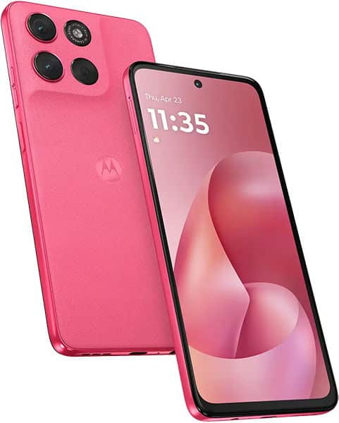 Pink Motorola Moto G57 Power shown front and back; front shows home screen (11:35), rear has triple cameras and logo.