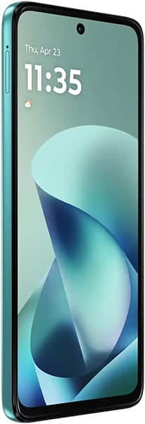 Front view of Motorola Moto G57 Power with teal frame, flat edges, and large display showing time 11:35 and abstract blue wallpaper.