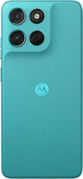 Rear view of teal Motorola Moto G57 Power with triple cameras in top left corner and centered Motorola logo on textured back.