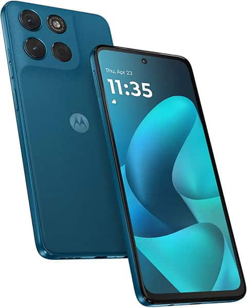 Motorola Moto G57 Power in blue, shown front (home screen visible) and rear (triple cameras, flash in top left corner).