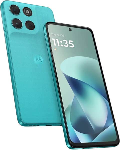 Turquoise Moto G57 Power shown front and back; front screen on, rear has three cameras and Motorola logo.