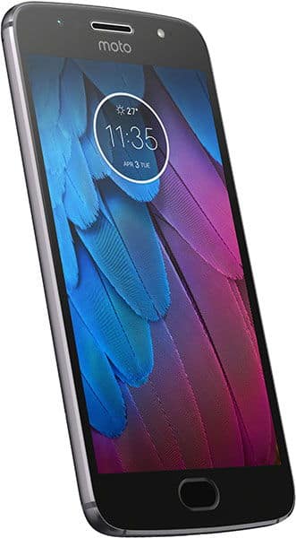 Motorola Moto G5S front view with display showing time 11:35 and colorful blue-pink wallpaper