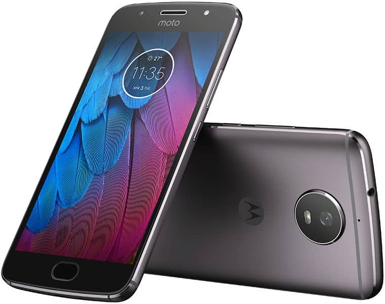 Motorola Moto G5S front and rear view, displaying blue and pink gradient wallpaper on screen with time 11:35